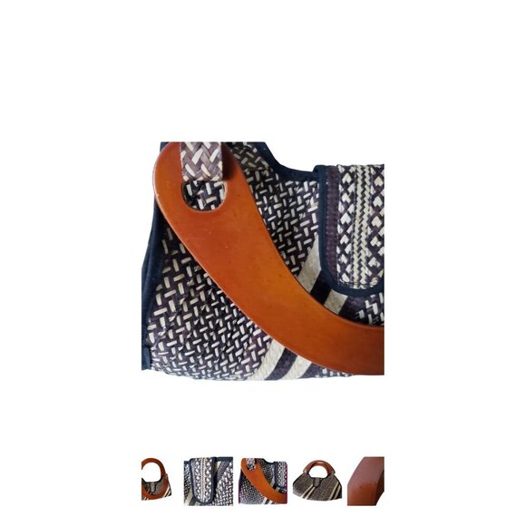 Vintage Woven Straw Handbag With Wooden Handles boho - Picture 4 of 10